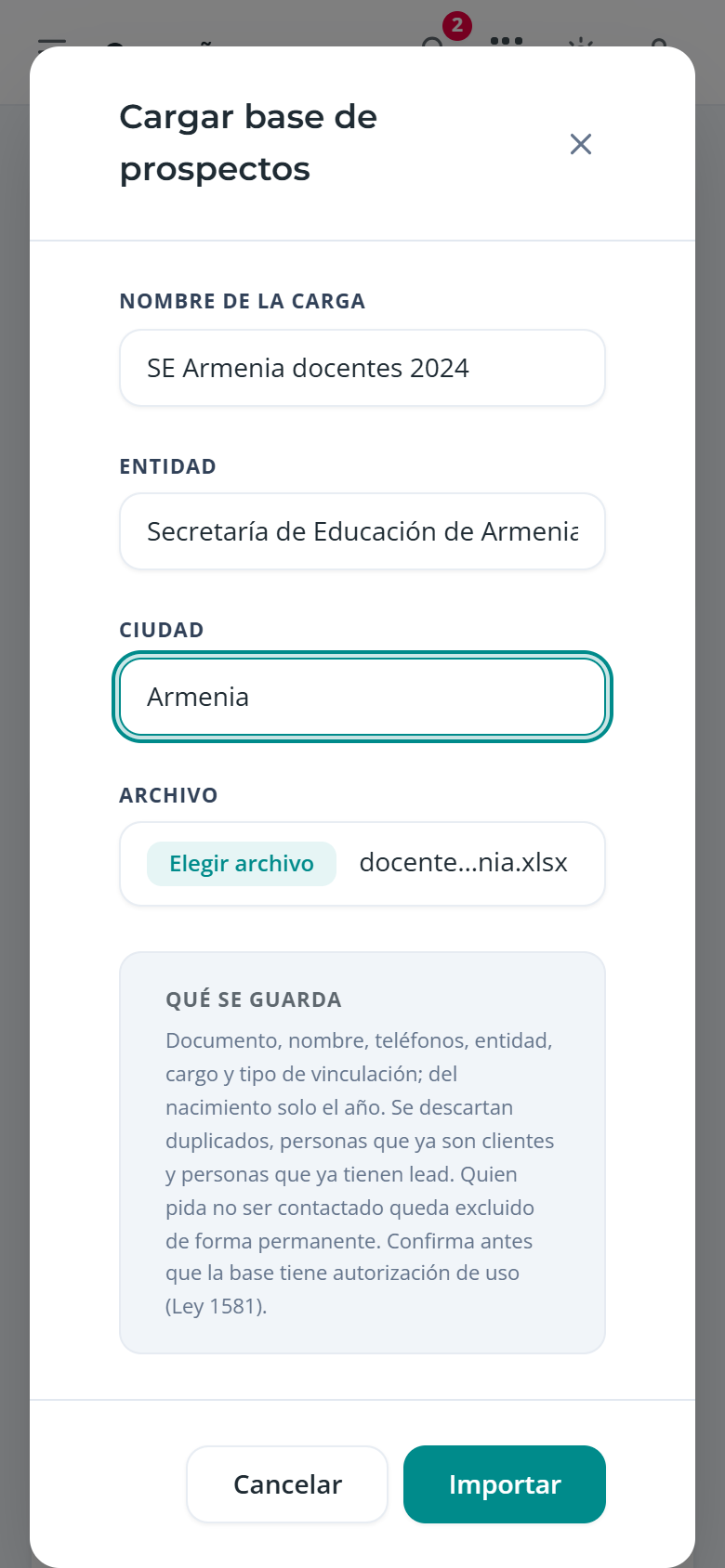 Formulario Cargar base de prospectos, en el teléfono