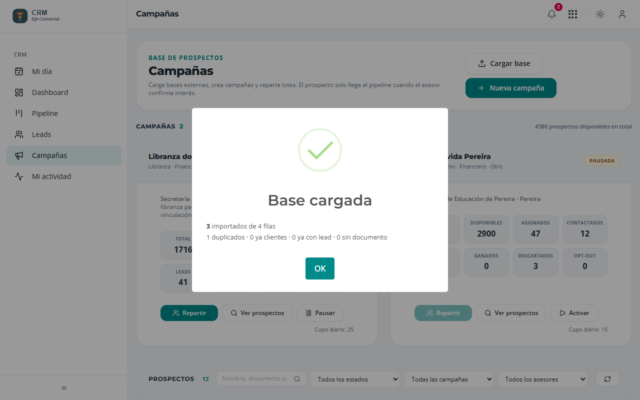 Resumen de la carga: importados, duplicados y excluidos