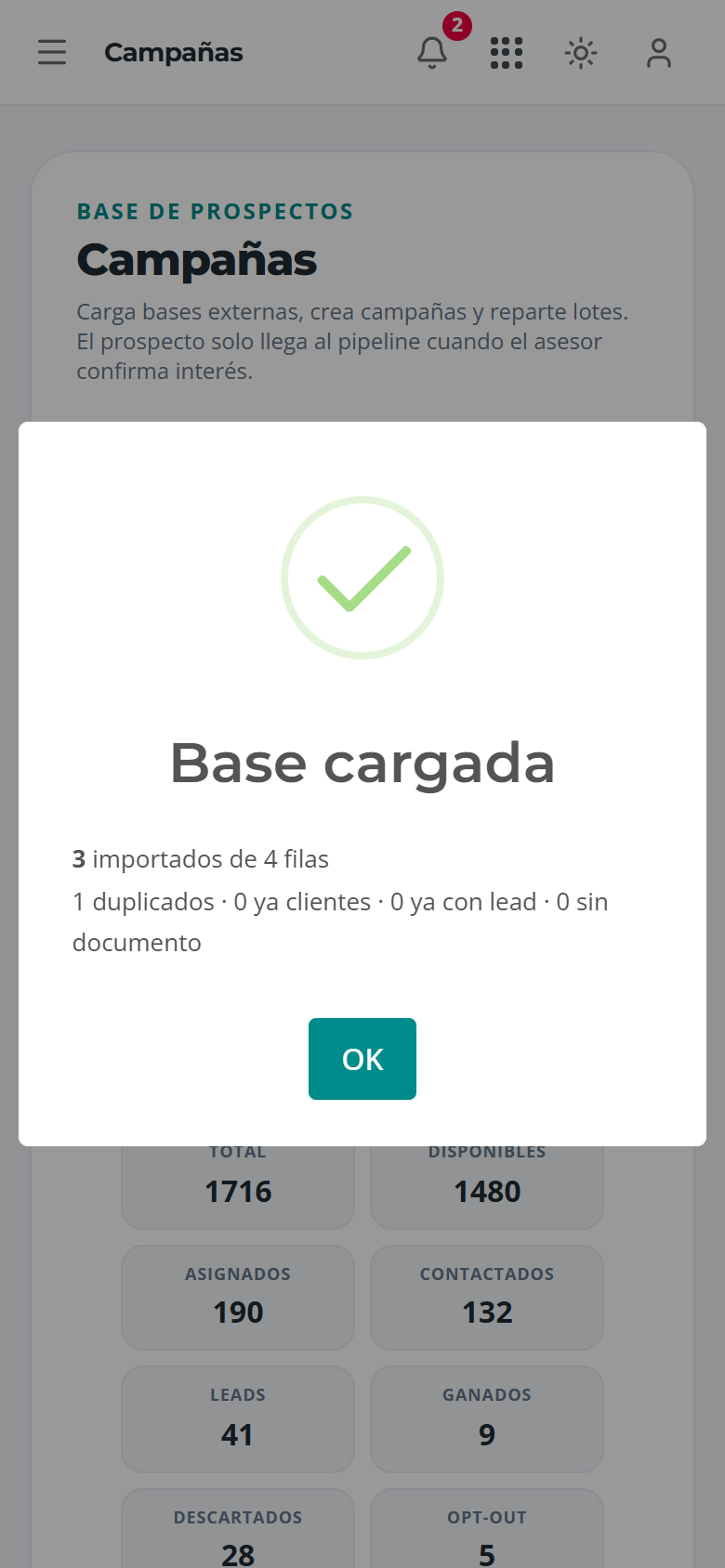 Resumen de la carga: importados, duplicados y excluidos, en el teléfono