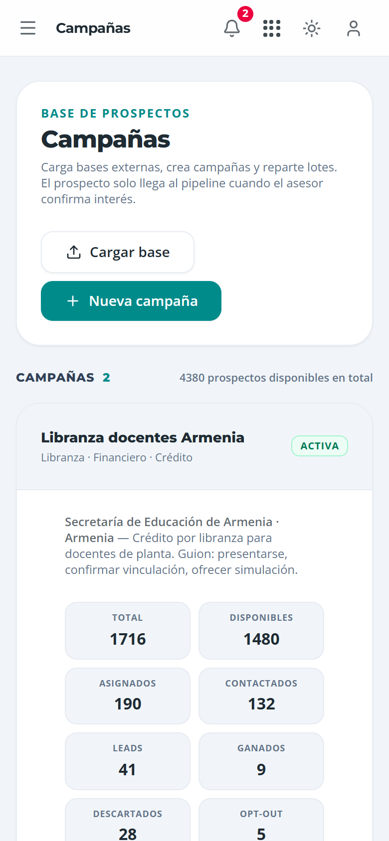 Vista Campañas con dos campañas y sus métricas, en el teléfono