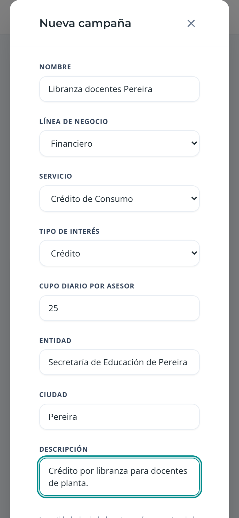 Formulario Nueva campaña, en el teléfono