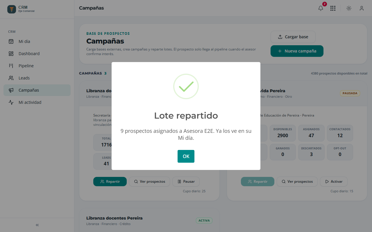 Confirmación del lote repartido