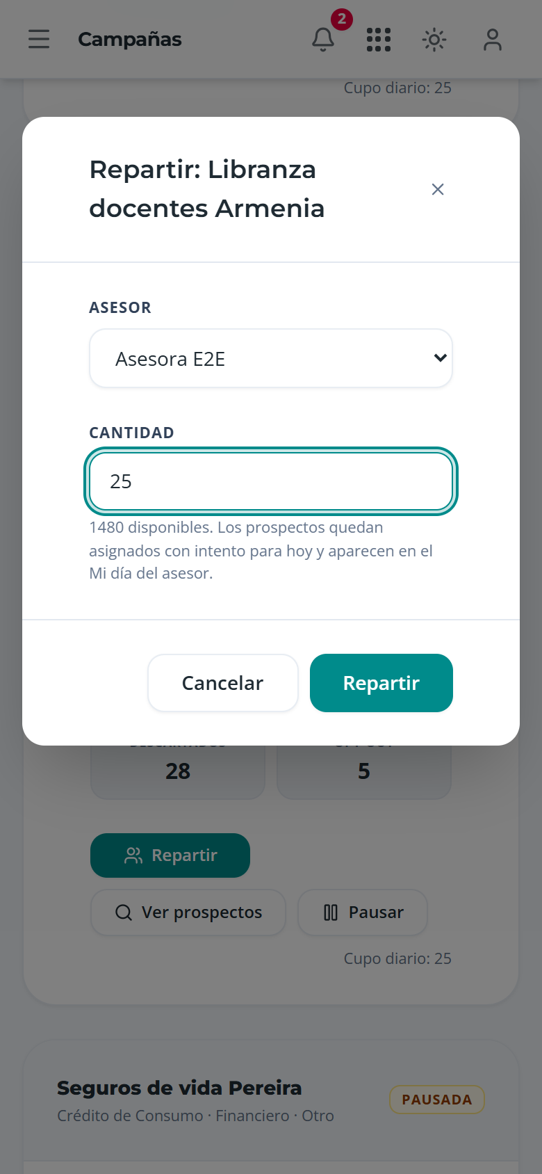 Diálogo Repartir con asesor y cantidad, en el teléfono