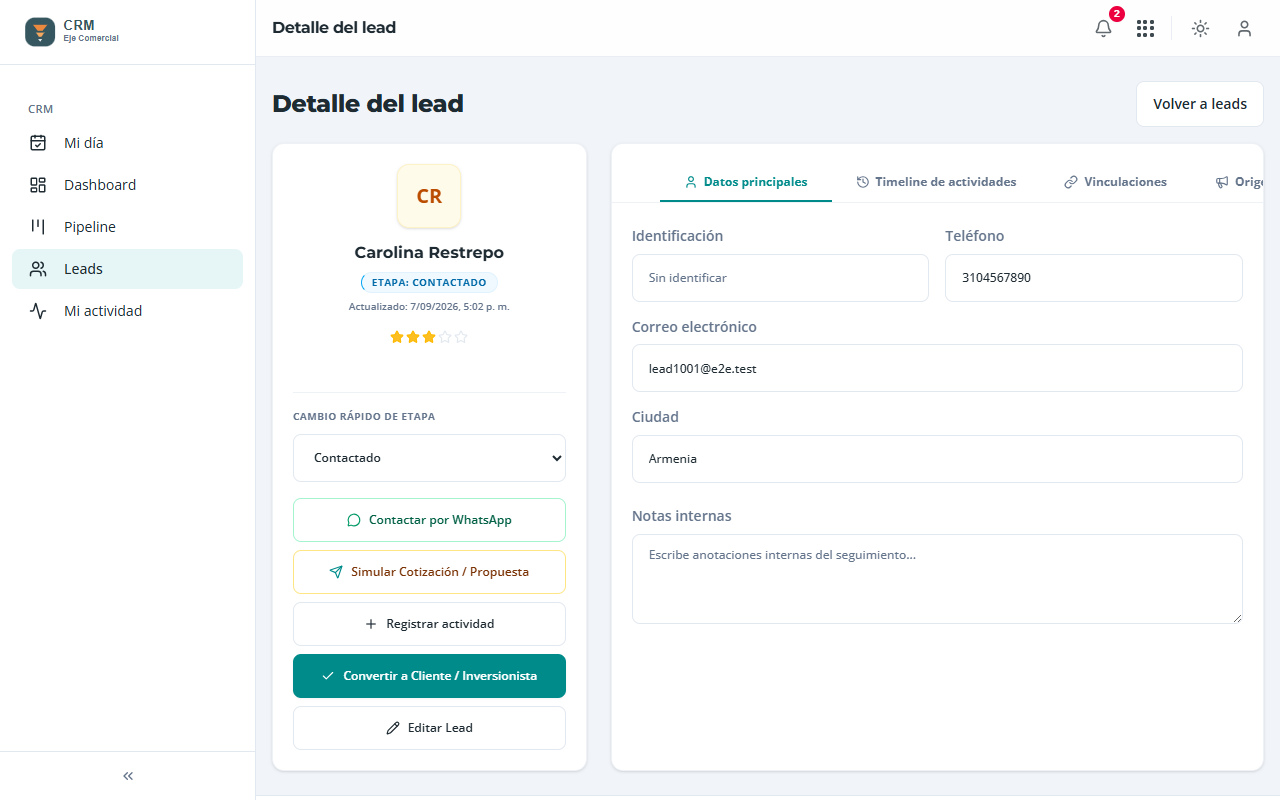 Ficha del lead: datos, cambio rápido de etapa y acciones