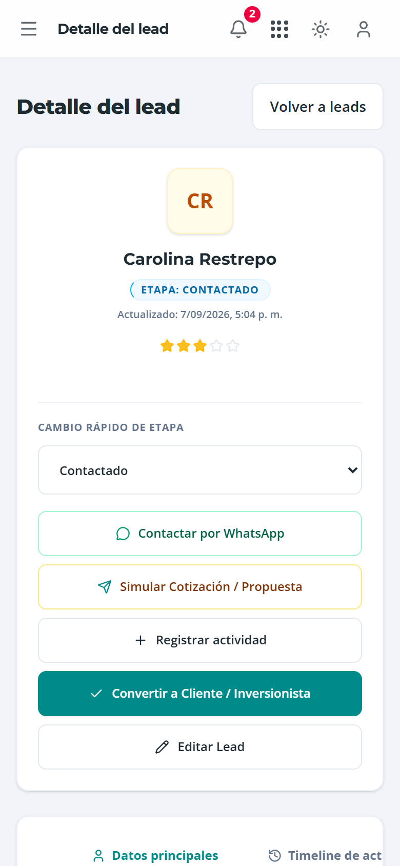 Ficha del lead: datos, cambio rápido de etapa y acciones, en el teléfono