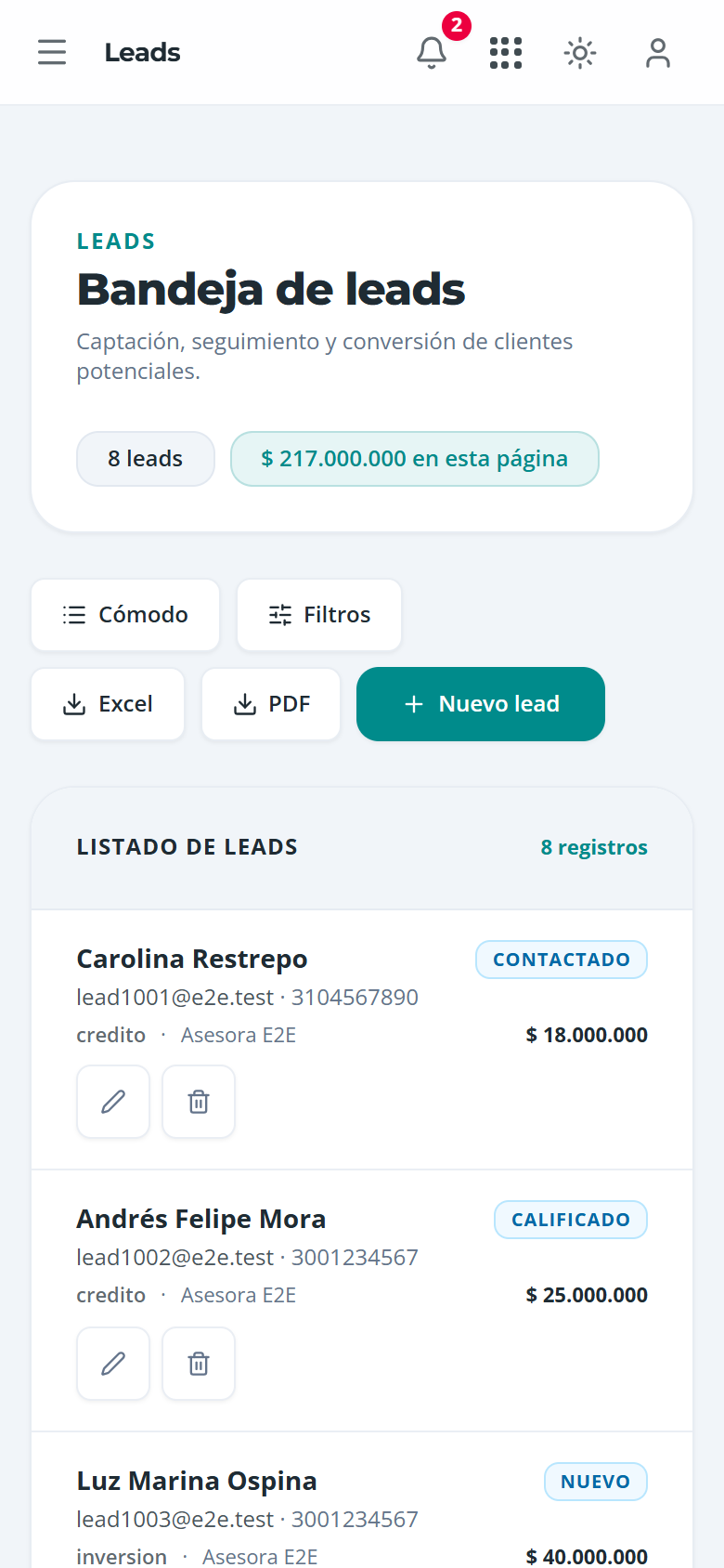 Bandeja de leads con filtros y acciones, en el teléfono