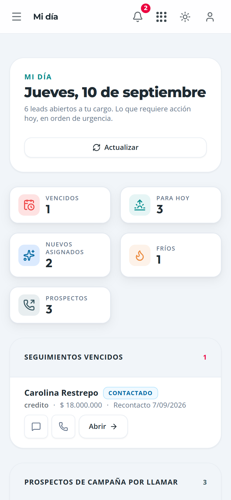 Mi día con seguimientos vencidos, prospectos de campaña, pendientes de hoy, nuevos y fríos, en el teléfono