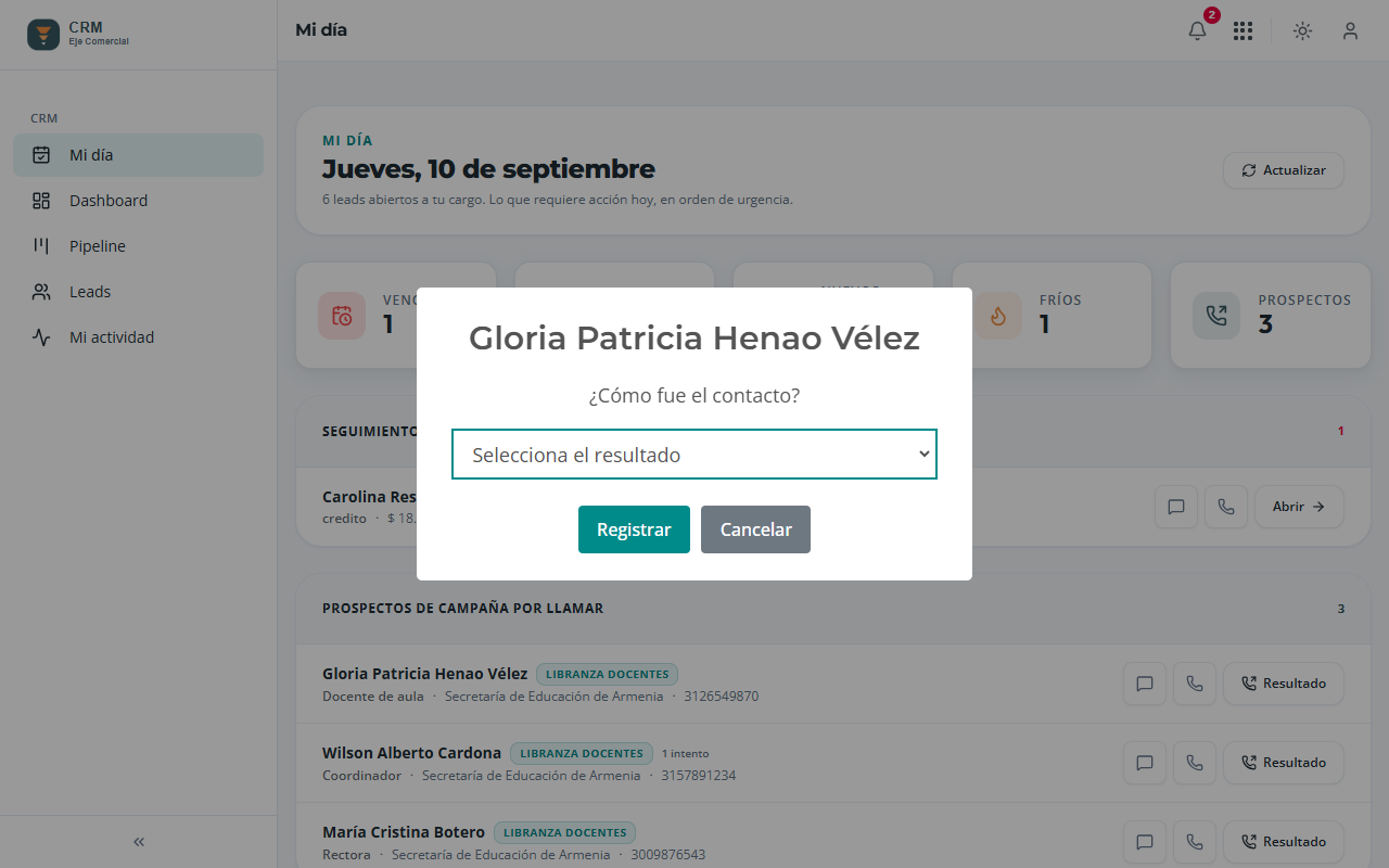 Diálogo Resultado con las opciones de contacto de un prospecto