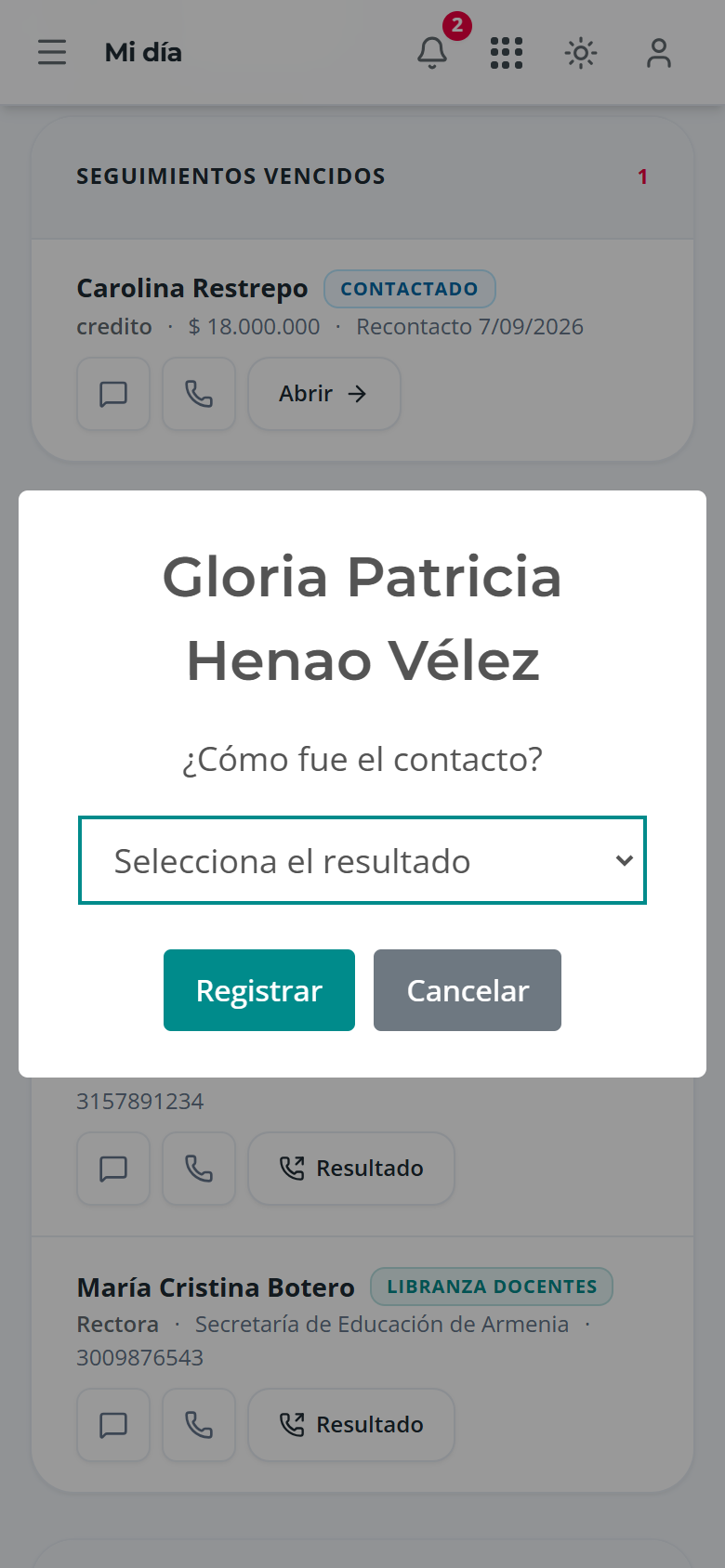 Diálogo Resultado con las opciones de contacto de un prospecto, en el teléfono