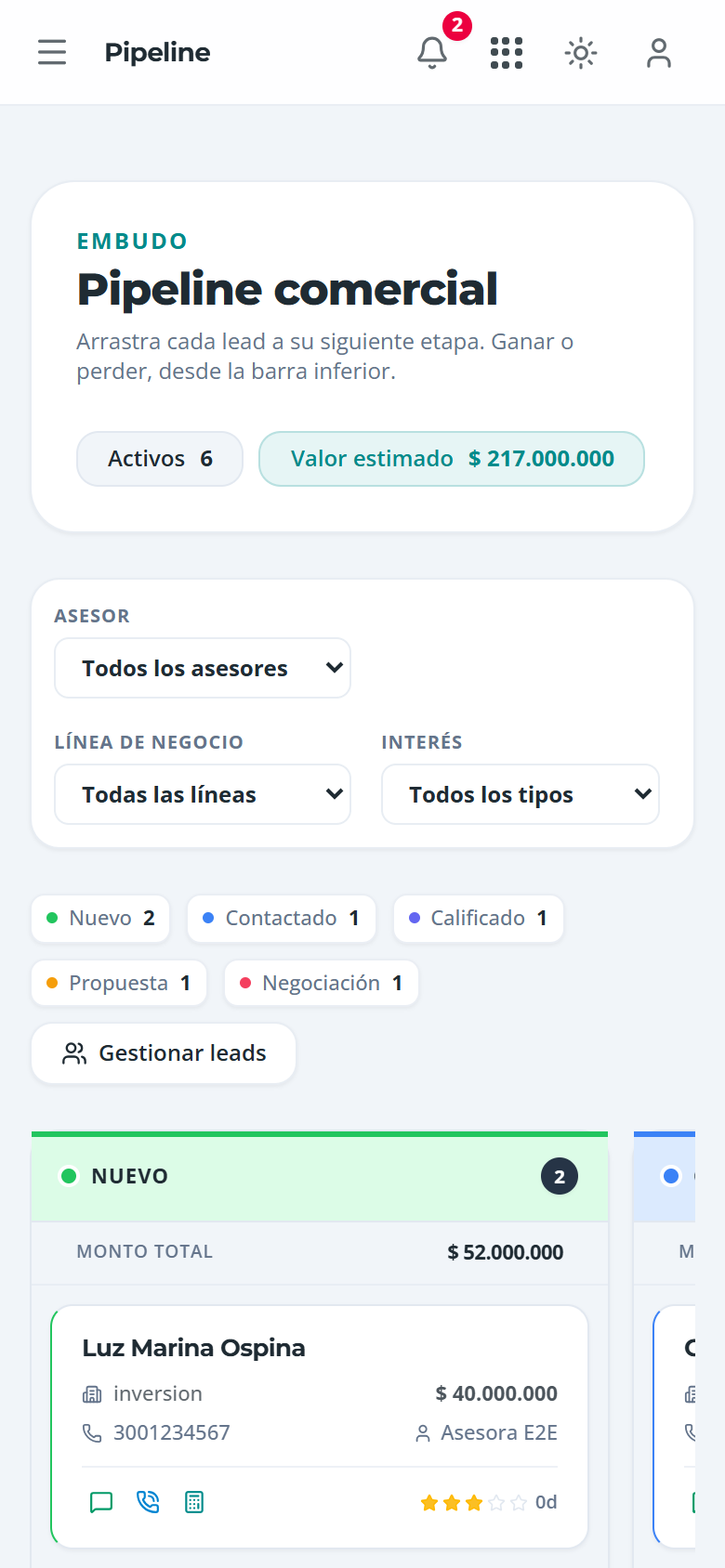 Tablero del pipeline con las columnas por etapa, en el teléfono